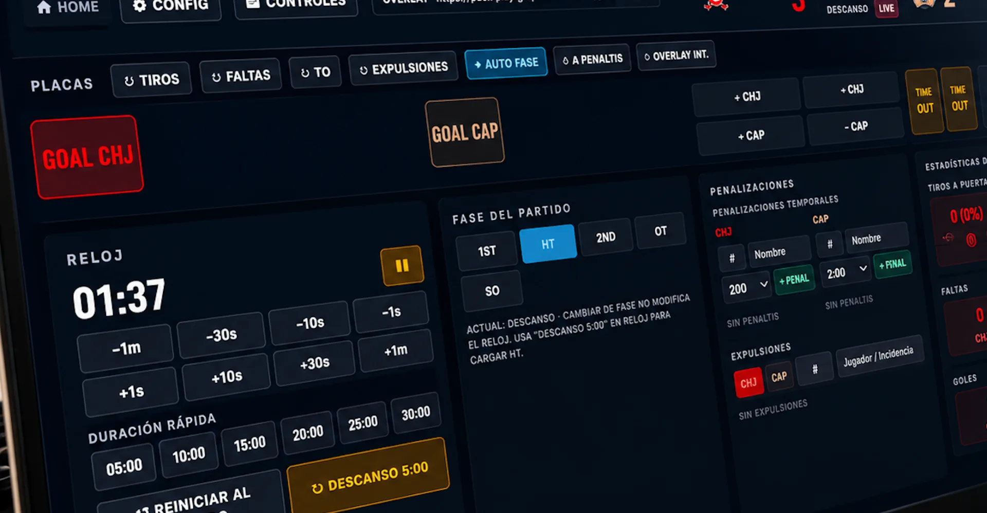 Panel de control de realización con marcador broadcast, gestión del reloj, penalizaciones y placas de gol para streaming de hockey línea